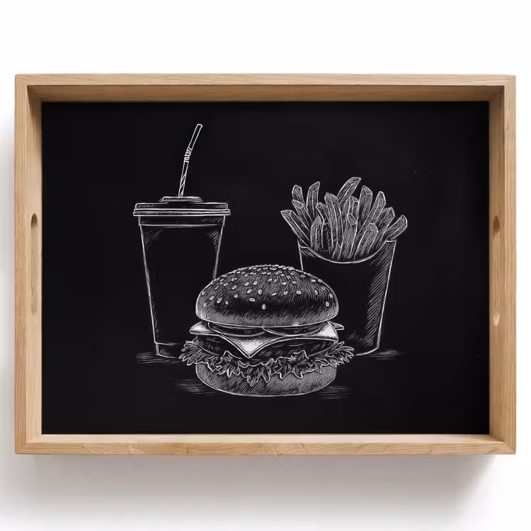 Dienblad - Hamburger - Friet - Frisdrank - Krijttekening — 1