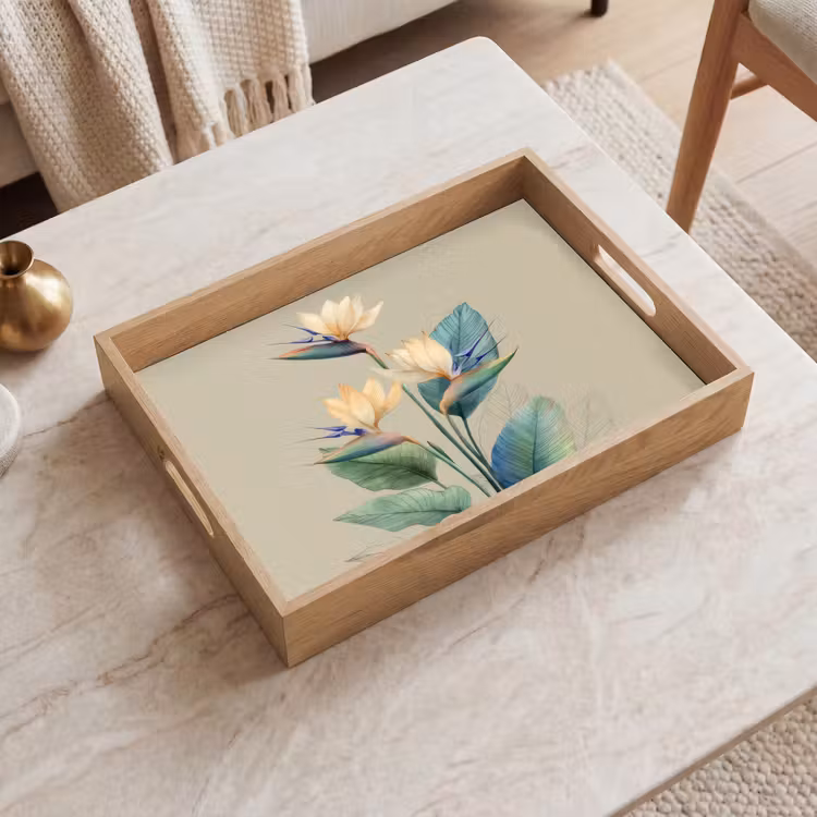Dienblad - Paradijsvogelbloemen - Blauwgroene bladeren - Beige — 2