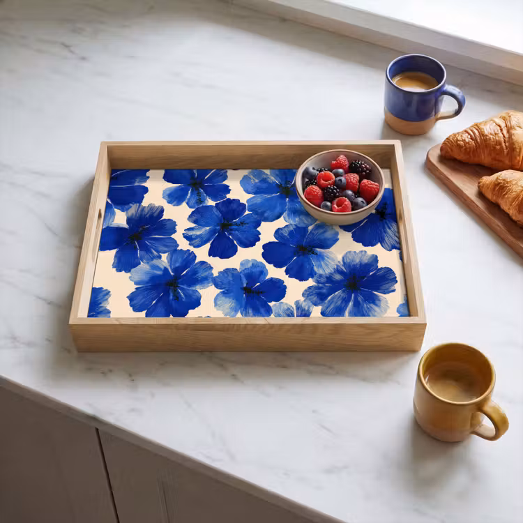 Dienblad - Bloemen - Blauw -Patroon - Wit — 4