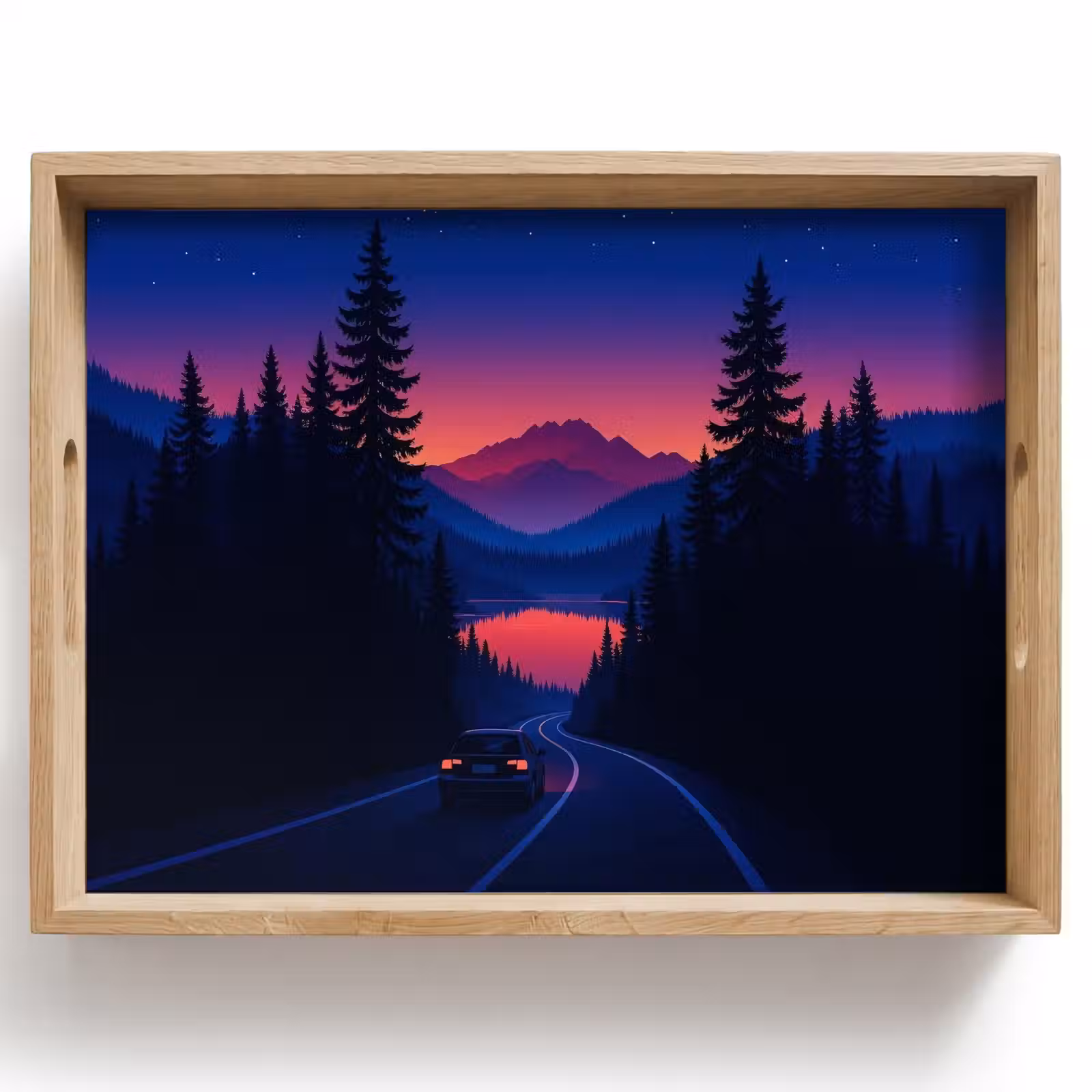 Dienblad - Auto - Donkere dennenbomen - Zonsondergang — 1