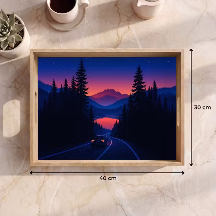 Dienblad - Auto - Donkere dennenbomen - Zonsondergang — 9