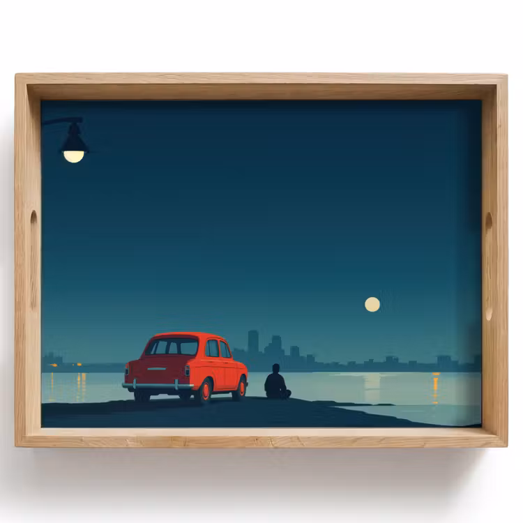 Dienblad - Auto - Volle maan - Uitkijkend over water — 1