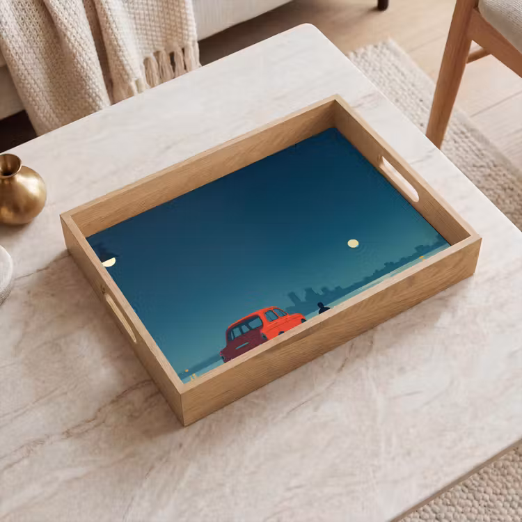 Dienblad - Auto - Volle maan - Uitkijkend over water — 2