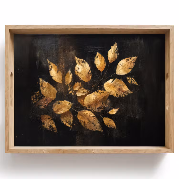 Dienblad - Gouden Bladeren op Donkere Achtergrond — 1