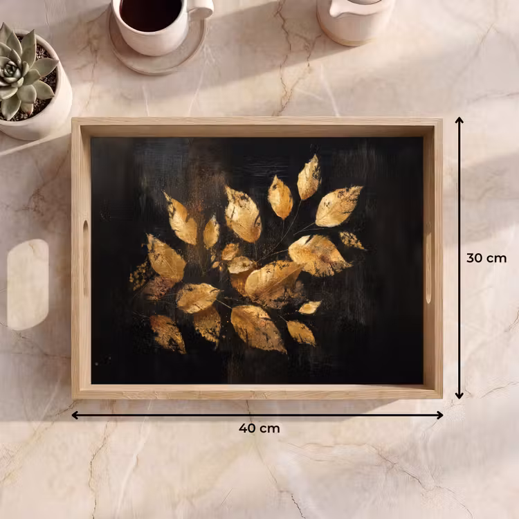 Dienblad - Gouden Bladeren op Donkere Achtergrond — 9