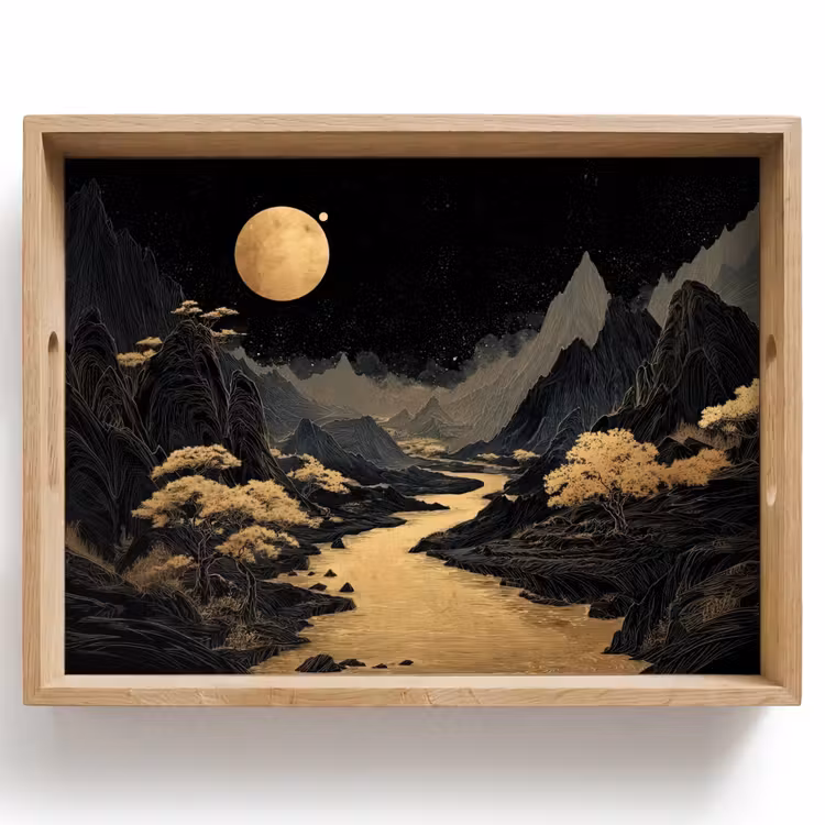 Dienblad - Gouden rivier - Bergen - Maan - Sterrenhemel — 1