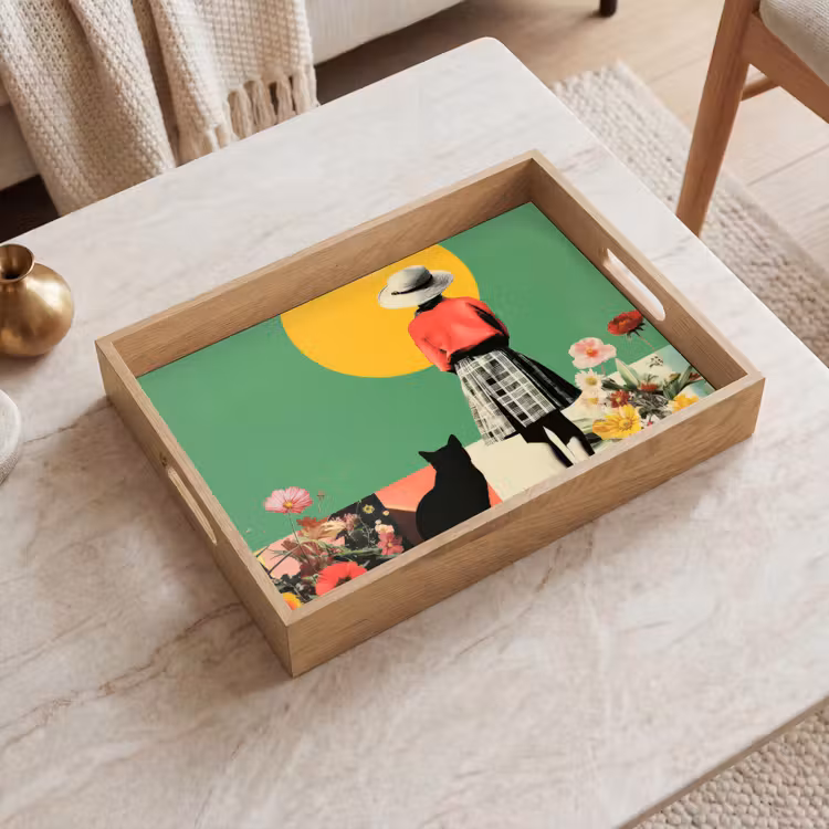 Dienblad - Retro - Meisje - Kat - Zon — 2