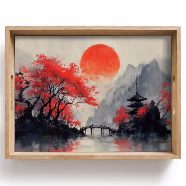 Dienblad - Rode zon - Rivier - brug - Bomen — 1