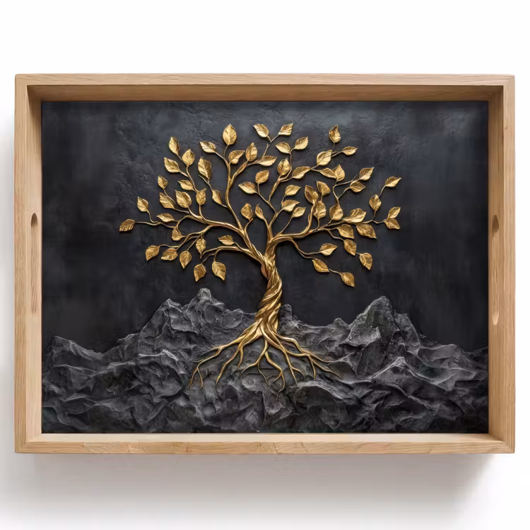 Dienblad - Bladeren - Goud - Boom - Rots — 1