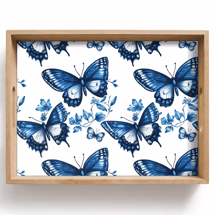 Dienblad - Blauw - Vlinders - Bloemen - Wit — 1