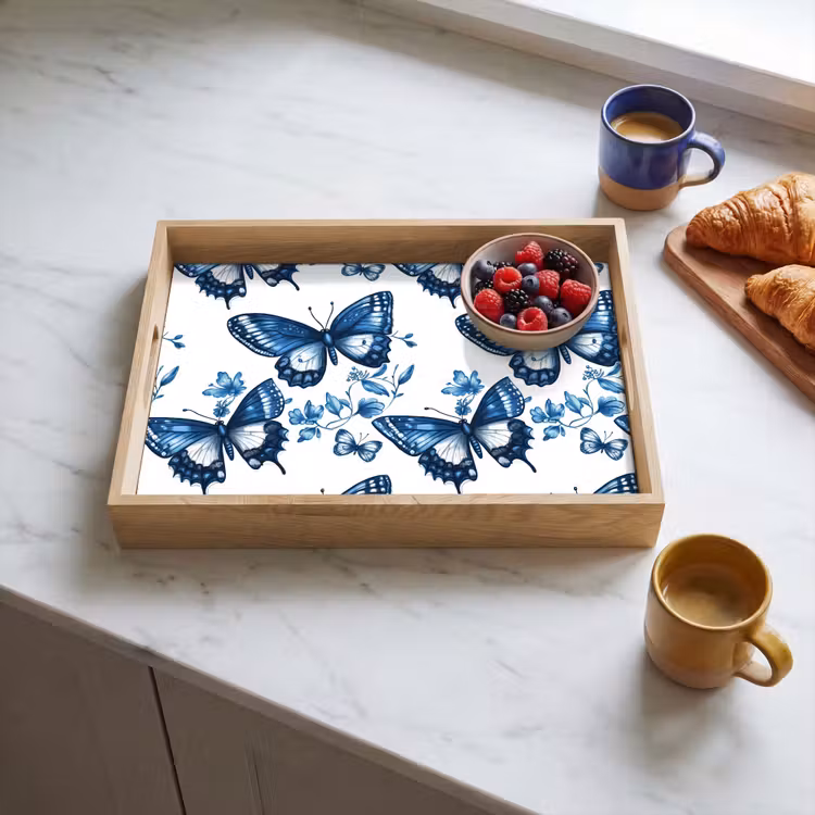 Dienblad - Blauw - Vlinders - Bloemen - Wit — 4