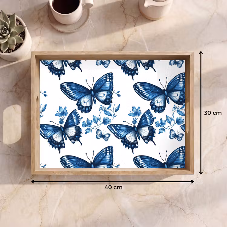 Dienblad - Blauw - Vlinders - Bloemen - Wit — 9