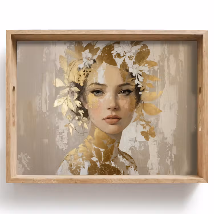 Dienblad - Gezicht - Vrouw - Bladeren - Goud — 1