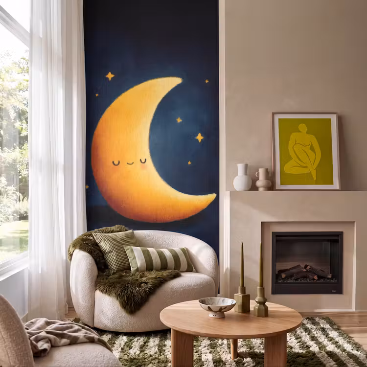 Behang - Maan - Geel - Sterren - Gezichtje — 1