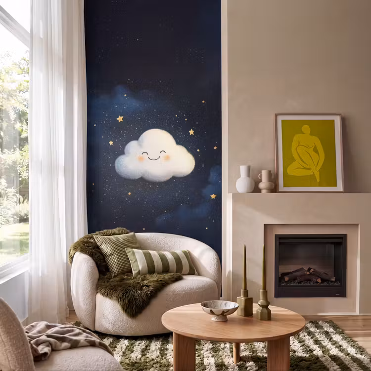 Behang - Wolkje - Gezichtje - Sterren - Donkerblauw — 1
