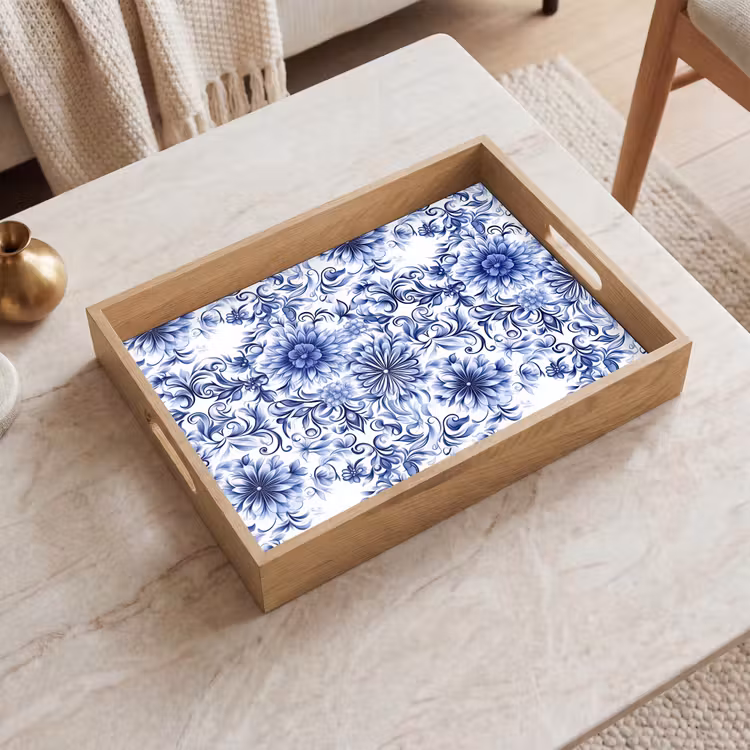 Dienblad - Bloemen - Blauw - Patroon - Wit — 2