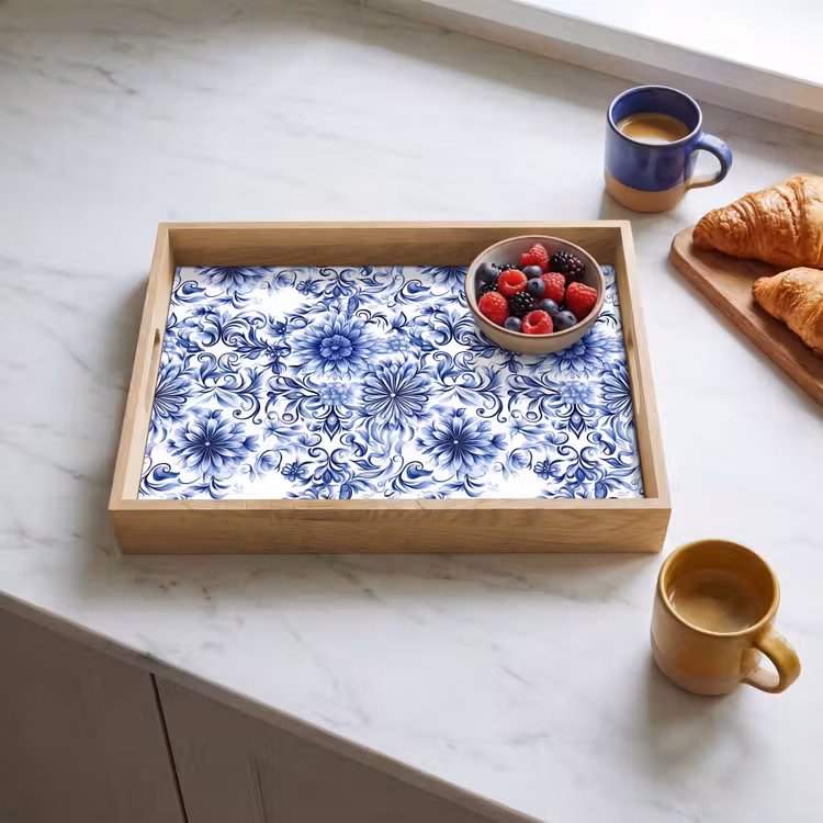 Dienblad - Bloemen - Blauw - Patroon - Wit — 4