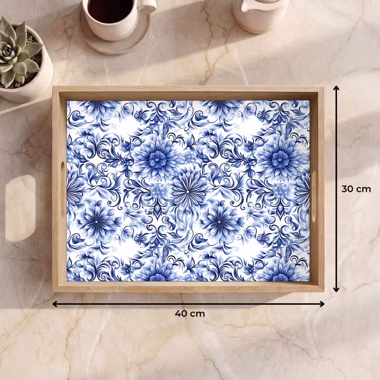 Dienblad - Bloemen - Blauw - Patroon - Wit — 9