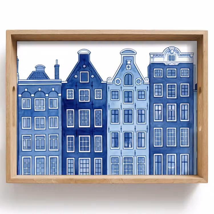 Dienblad - Aquarel - Grachtenpanden - Delfts - Blauw — 1