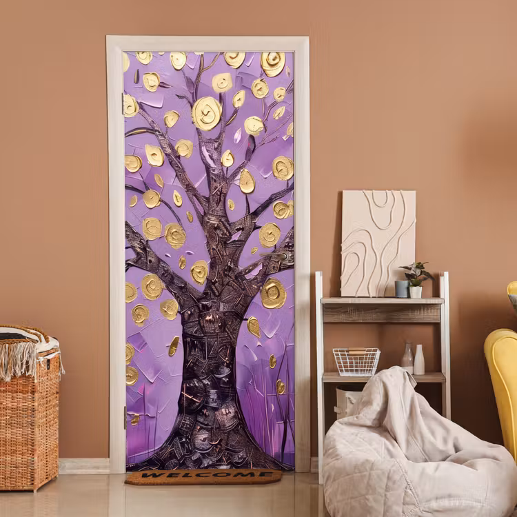 Deursticker - Levensboom - Boom - Paars - Goud - Modern — 2