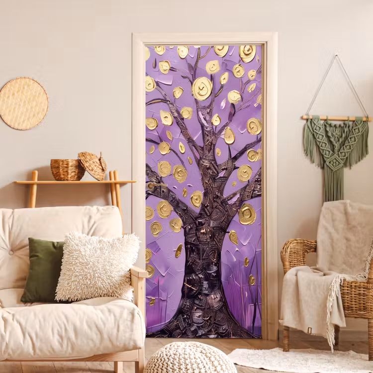 Deursticker - Levensboom - Boom - Paars - Goud - Modern — 4