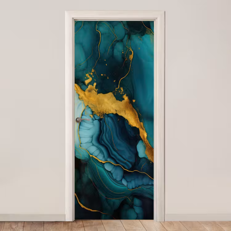 Deursticker - Marmer - Goud - Blauw groen - Abstract - Turquoise — 1