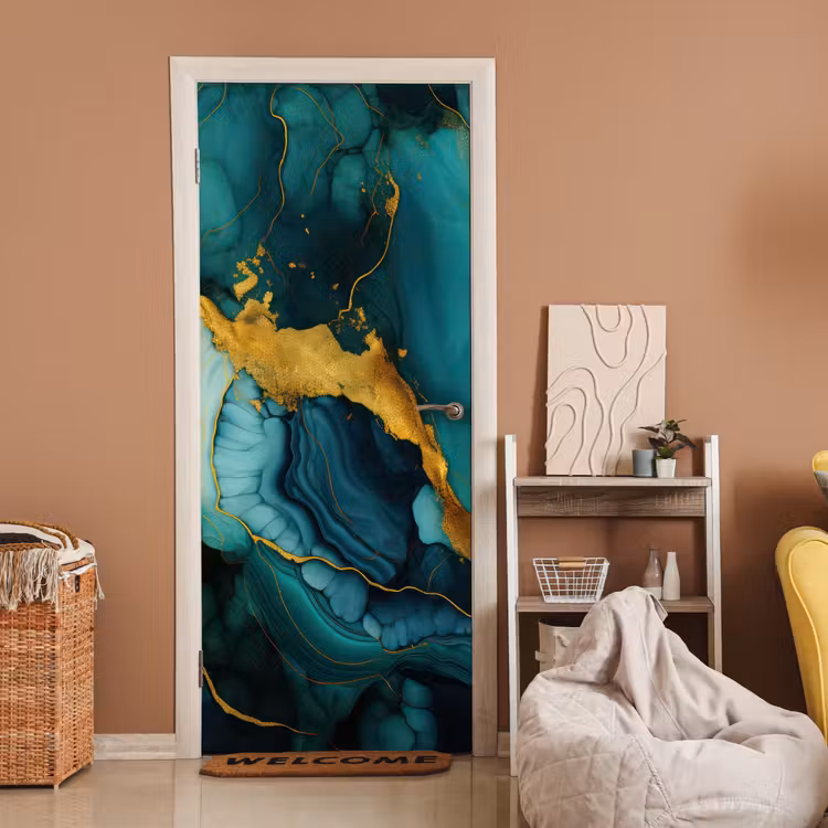 Deursticker - Marmer - Goud - Blauw groen - Abstract - Turquoise — 2