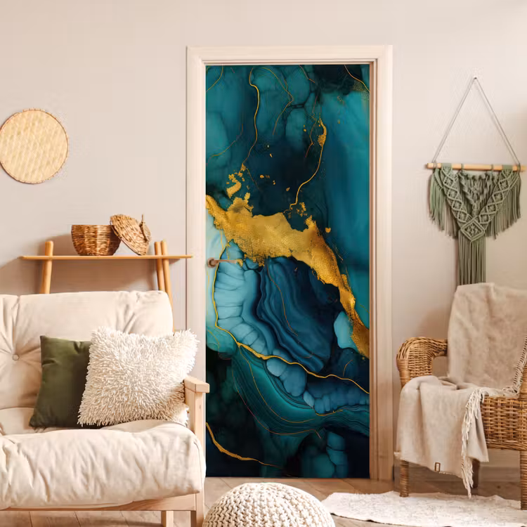 Deursticker - Marmer - Goud - Blauw groen - Abstract - Turquoise — 4