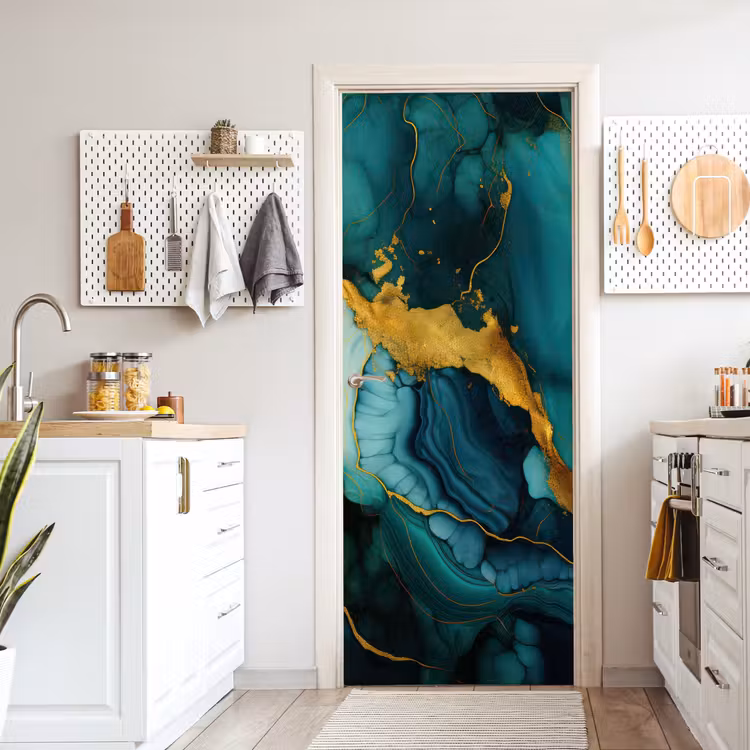 Deursticker - Marmer - Goud - Blauw groen - Abstract - Turquoise — 7