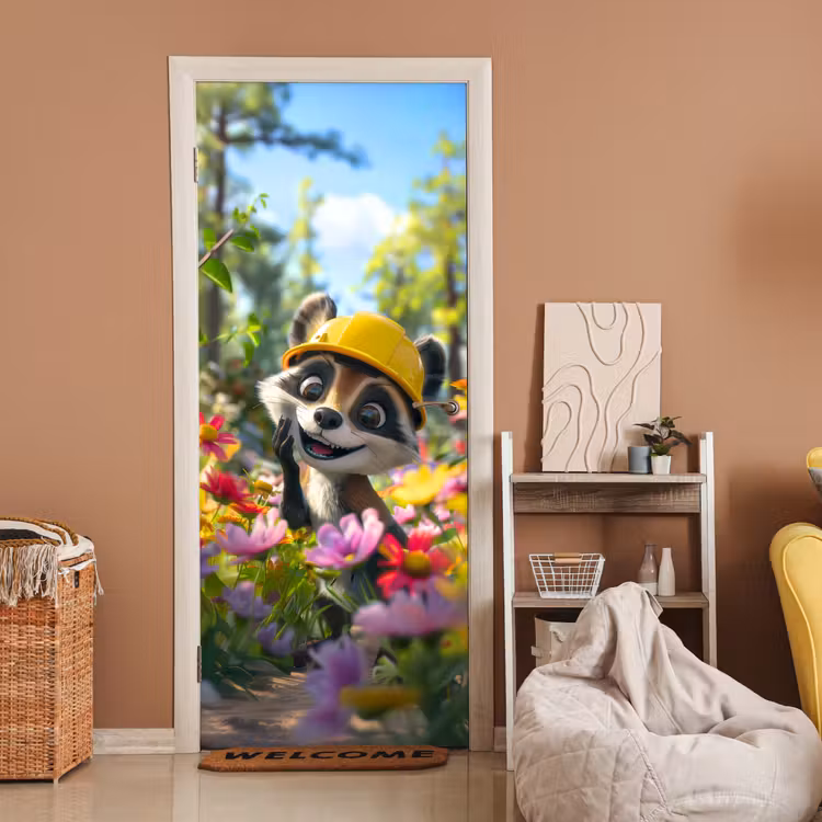 Deursticker - Wasbeer - Natuur - Bloemen - Bouwhelm — 2