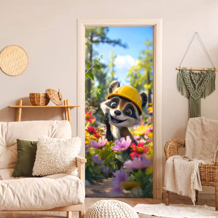 Deursticker - Wasbeer - Natuur - Bloemen - Bouwhelm — 4