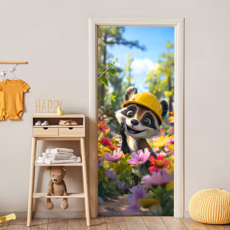 Deursticker - Wasbeer - Natuur - Bloemen - Bouwhelm — 6