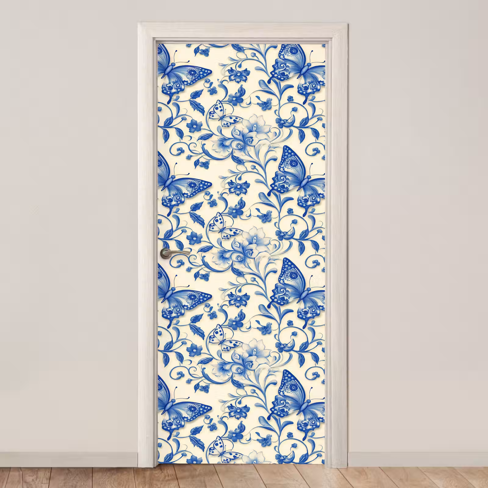 Deursticker - Vlinders - Bloemen - Blauw - Botanisch — 1