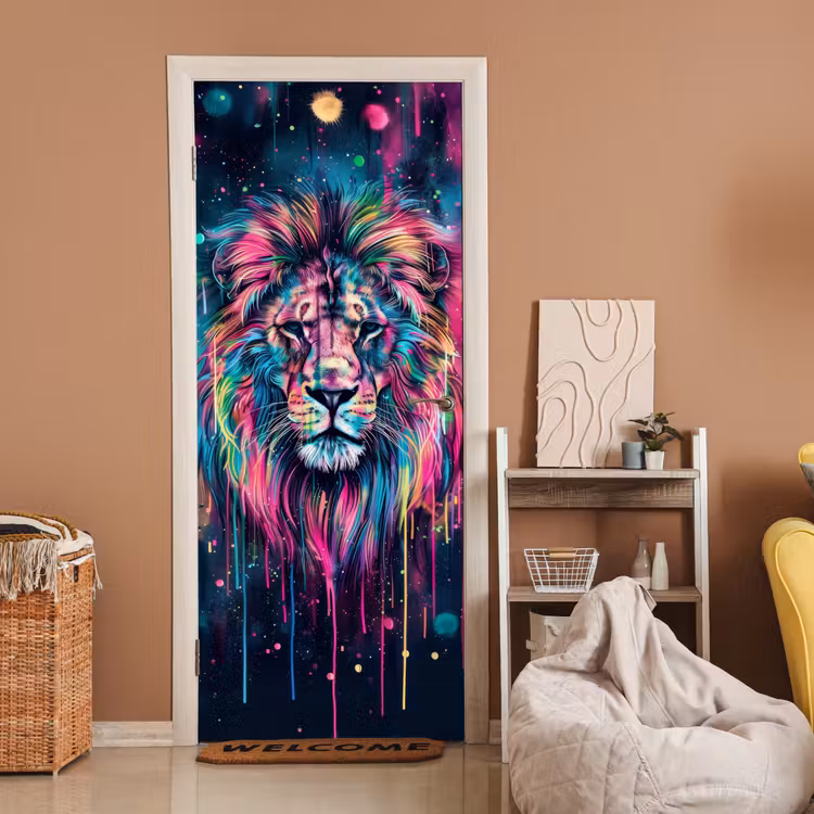 Deursticker - Leeuw - Verf - Kleurrijk - Zwart - Dieren — 2