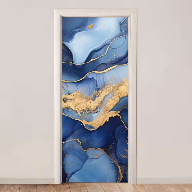 Deursticker - Marmer - Blauw - Goud - Abstract — 1