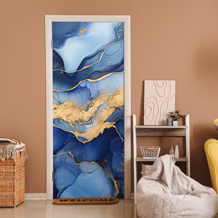 Deursticker - Marmer - Blauw - Goud - Abstract — 2