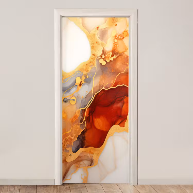 Deursticker - Marmer - Oranje - Goud - Modern - Abstract — 1