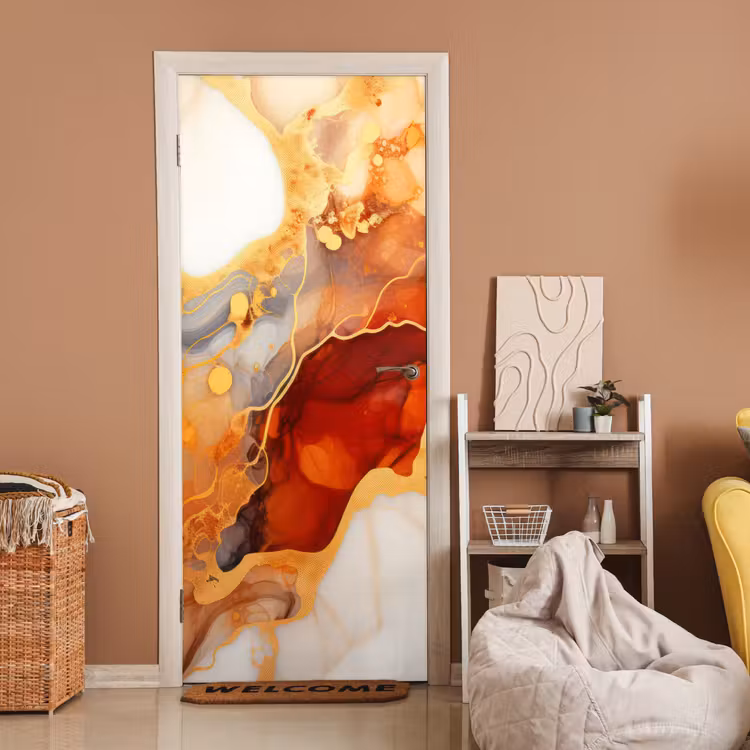 Deursticker - Marmer - Oranje - Goud - Modern - Abstract — 2