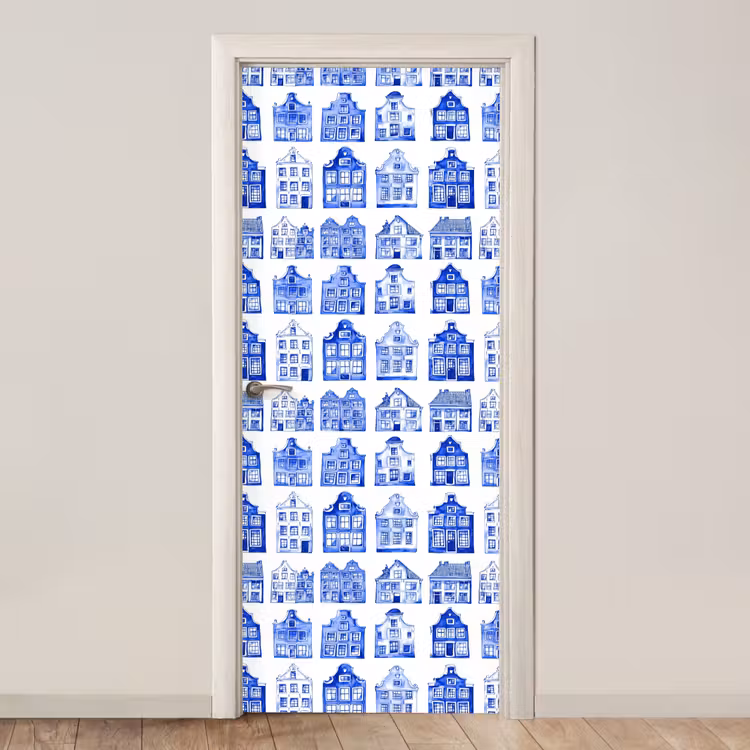 Deursticker - Patroon - Huizen - Blauw — 1