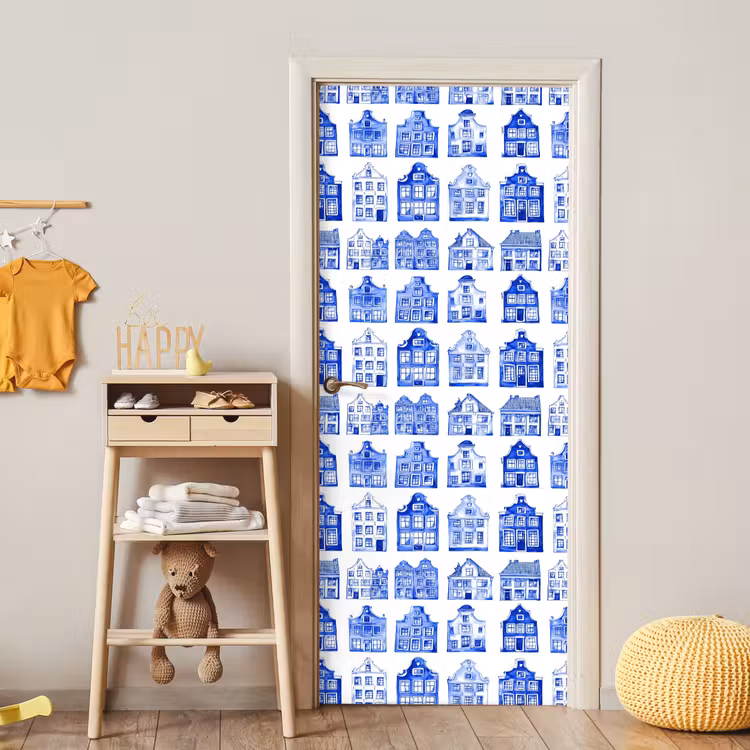 Deursticker - Patroon - Huizen - Blauw — 6