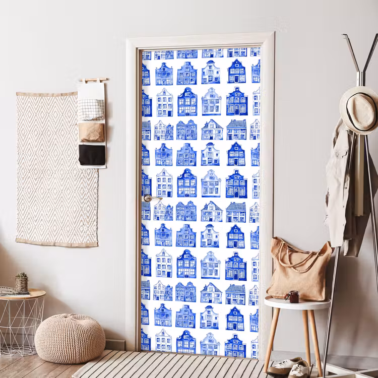 Deursticker - Patroon - Huizen - Blauw — 8