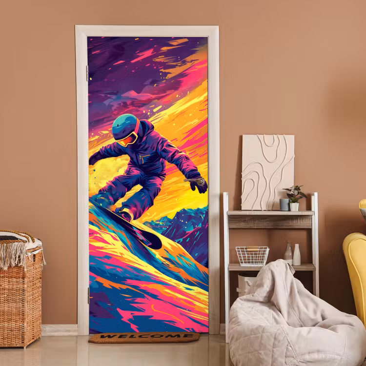 Deursticker - Snowboarden - Sneeuw - Kleurrijk — 2