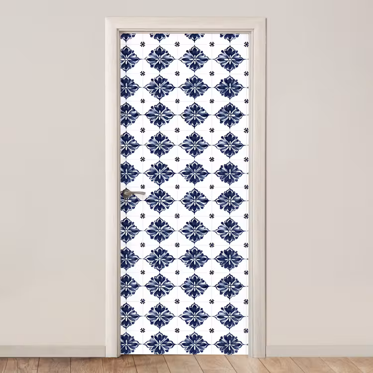 Deursticker - Tegelmotief - Blauw - Wit - Bloem — 1