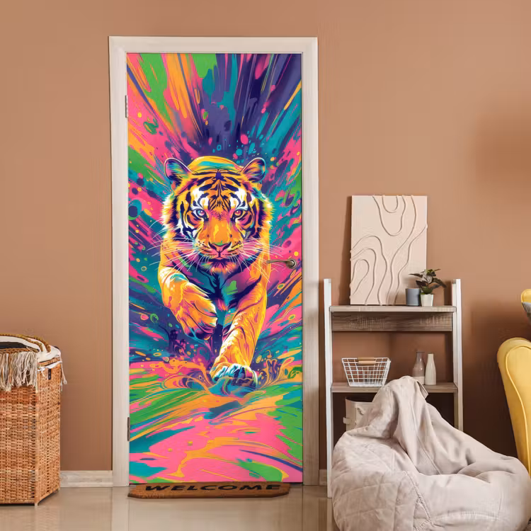 Deursticker - Tijger - Wilde dieren - Kleurrijk - Verflook — 2