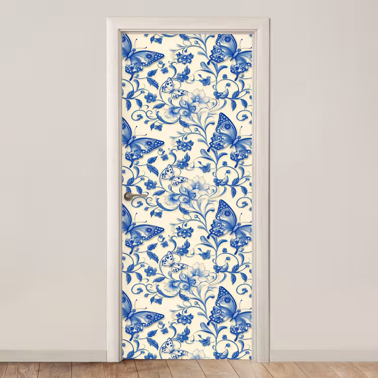 Deursticker - Vlinders - Bloemen - Blauw - Botanisch — 1