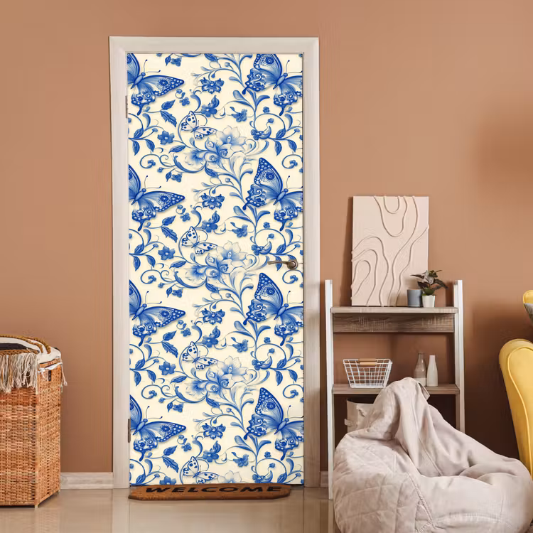 Deursticker - Vlinders - Bloemen - Blauw - Botanisch — 2