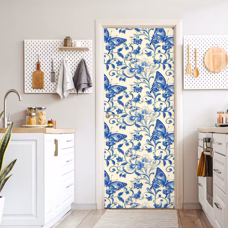 Deursticker - Vlinders - Bloemen - Blauw - Botanisch — 7