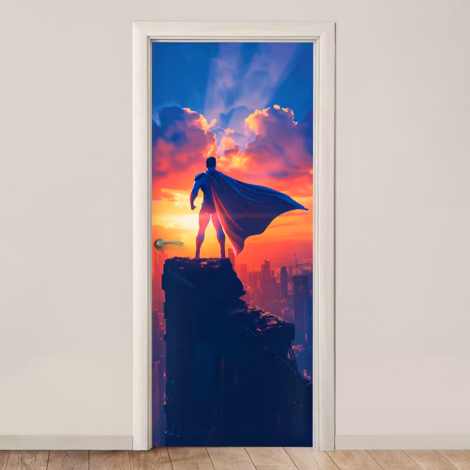 Deursticker - Superheld - Stad - Jongens - Kleurrijk - Zon — 1