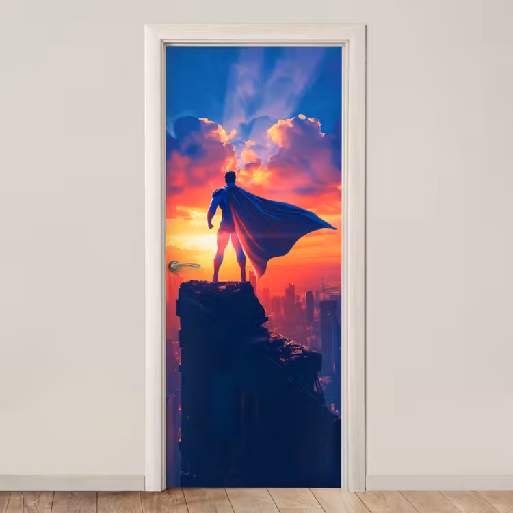 Deursticker - Superheld - Stad - Jongens - Kleurrijk - Zon — 1
