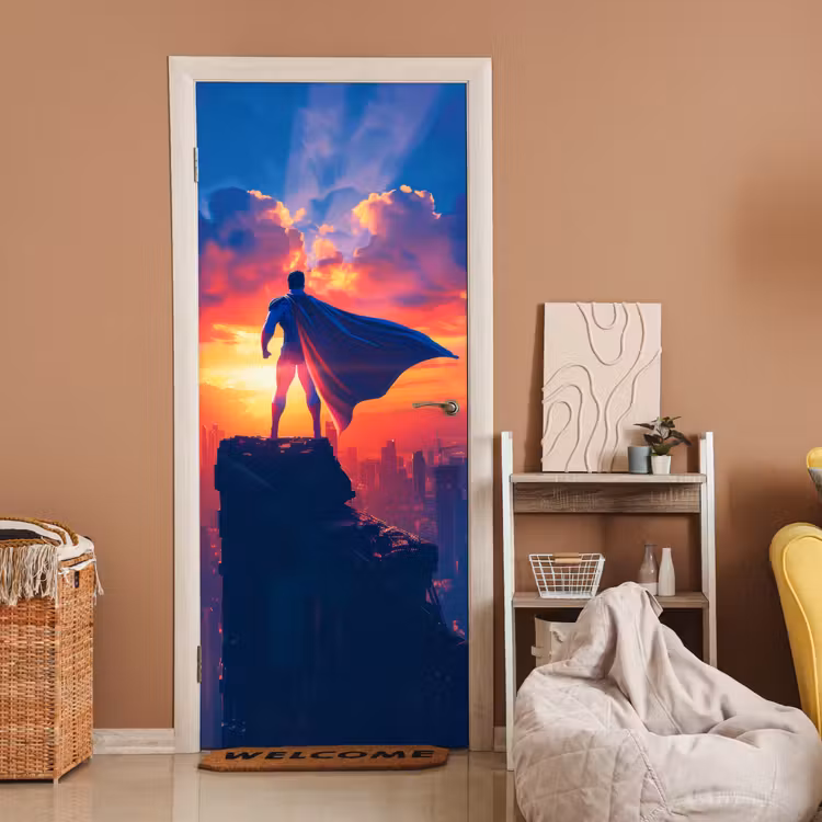 Deursticker - Superheld - Stad - Jongens - Kleurrijk - Zon — 2